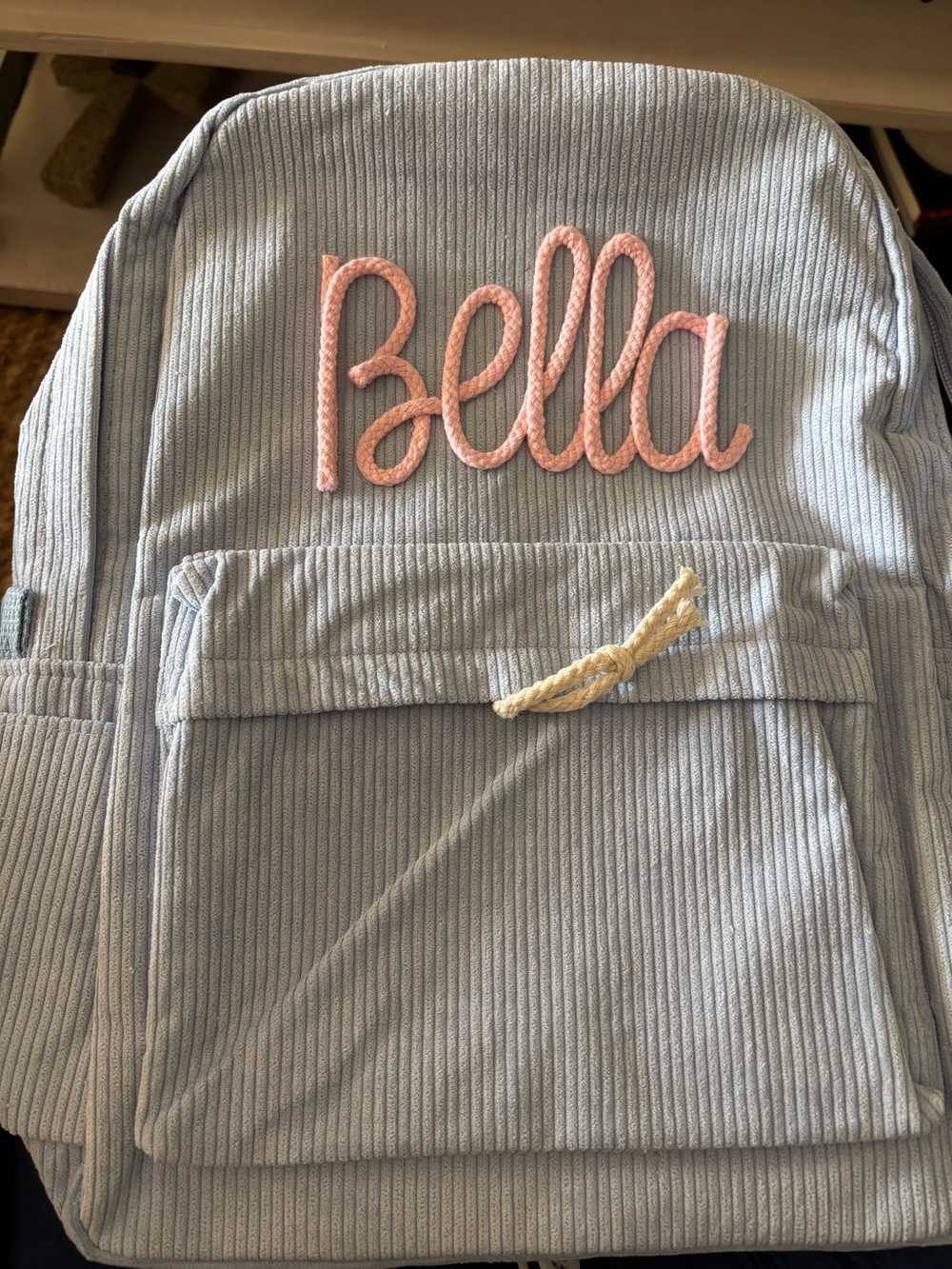 New Light Blue Kids Personalized Pink Script corduroy backpack.